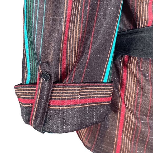 Vintage 80s Striped Sheer Blouse Black Burgundy Belted Waist Metallic Large - Picture 7 of 11